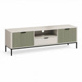 Szafka RTV 160 x 40 x 55 cm z MDF, beżowo-oliwkowozielona z czarnymi nogami, 2 drzwiami i szufladą