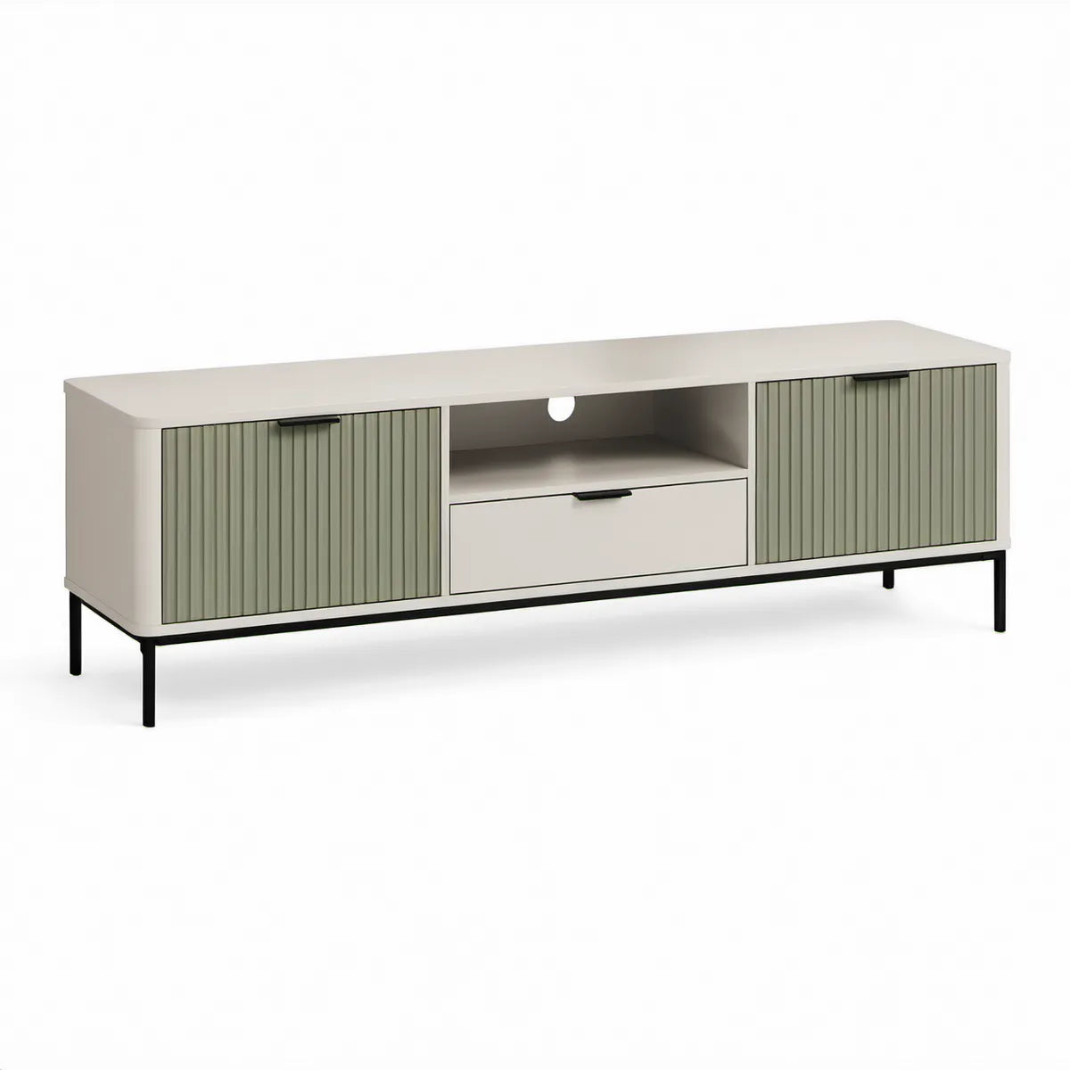 Szafka RTV 160 x 40 x 55 cm z MDF, beżowo-oliwkowozielona z czarnymi nogami, 2 drzwiami i szufladą