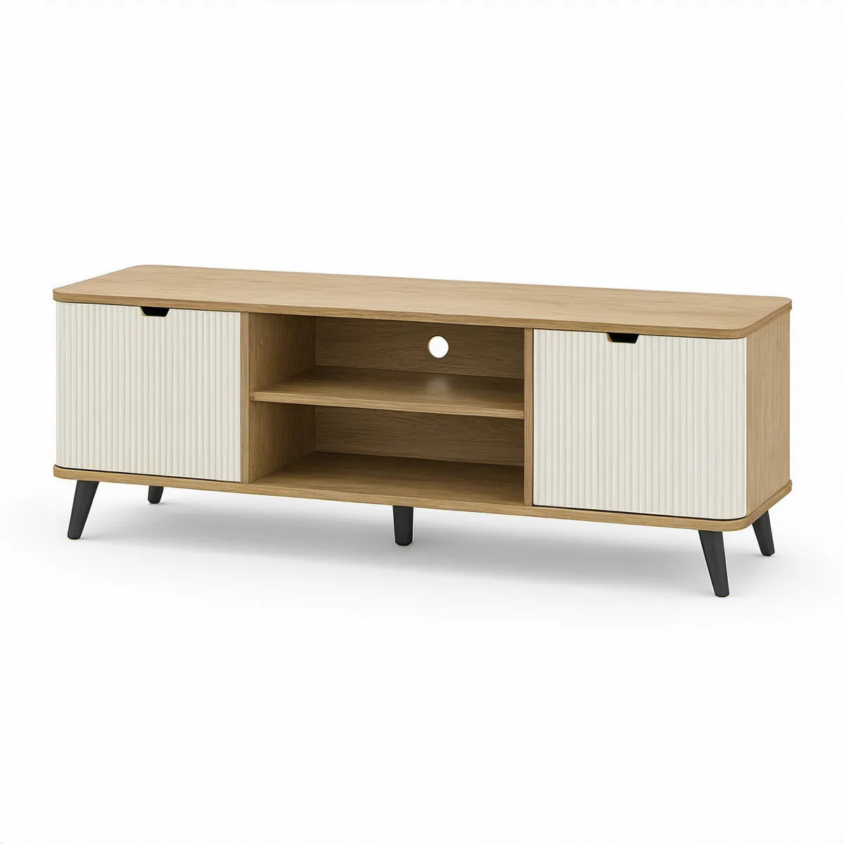 Szafka RTV 140 × 40 × 55 cm z ryflowanymi drzwiczkami, jasny dąb/biały/czarny