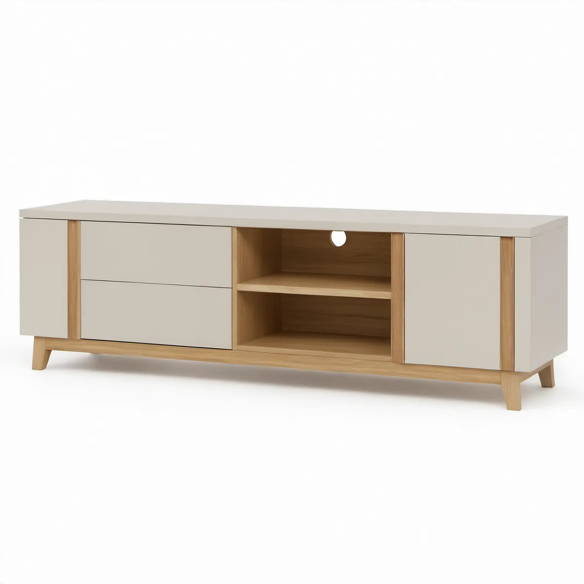Szafka RTV 180 x 40 x 55 cm z MDF i litego drewna, ecru/naturalny dąb