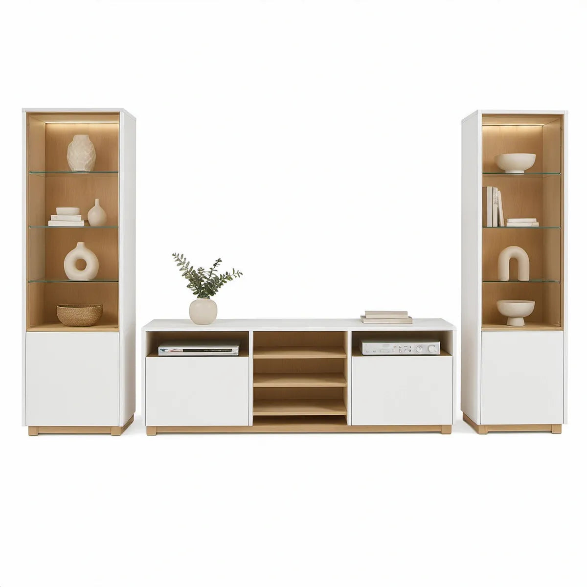 Zestaw mebli RTV 3-elementowy z oświetleniem LED, 260 x 40 x 180 cm, Biały/Dąb naturalny