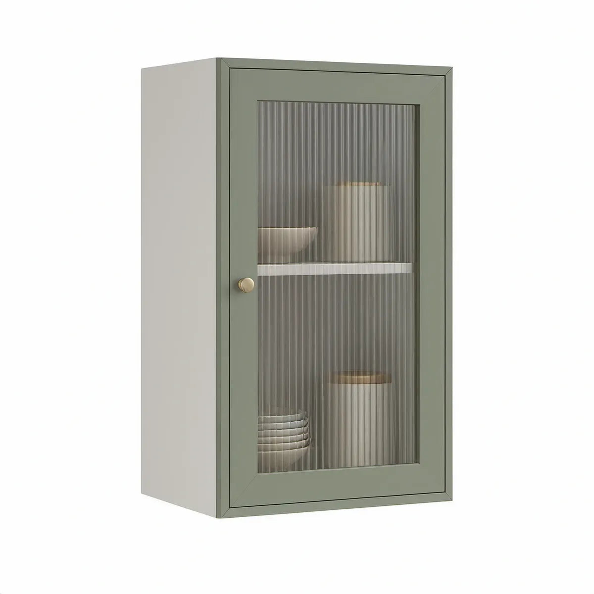 Wisząca szafka ścienna z MDF ze szkłem ryflowanym 40 x 32 x 70 cm, zielona szałwiowa i jasnoszara