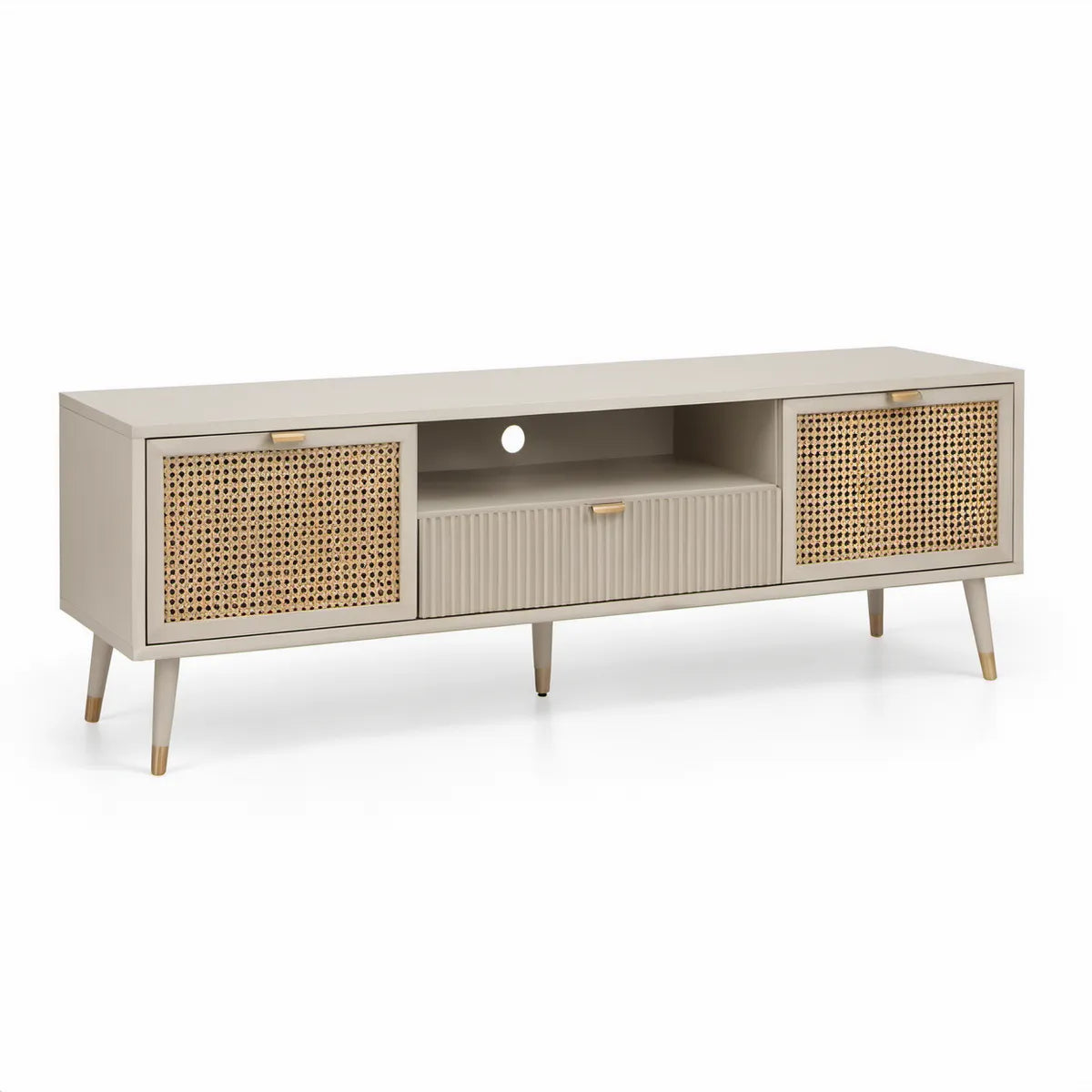 Szafka RTV 160 x 40 x 65 cm z MDF i rattanu, kremowo-naturalna