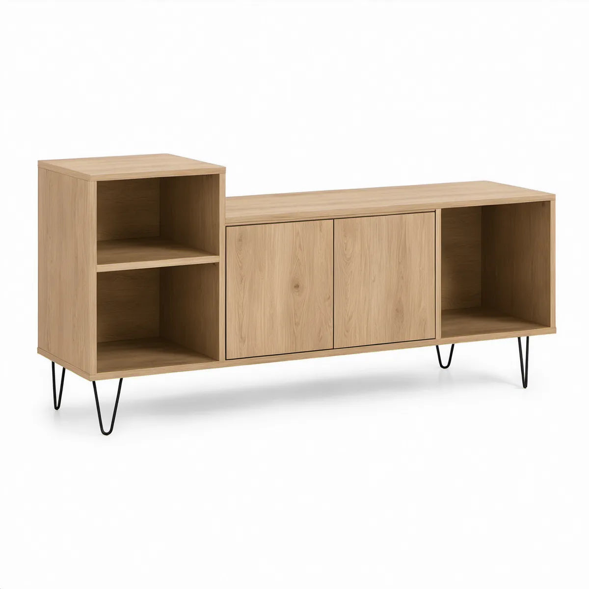 Szafka RTV 140 x 40 x 70 cm z płyty laminowanej w kolorze jasnego dębu na czarnych stalowych nóżkach
