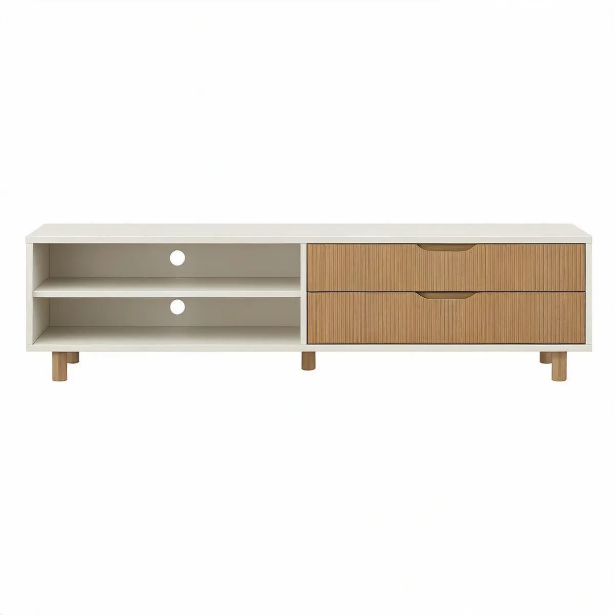 Szafka RTV 160 × 40 × 55 cm z MDF, bambusowymi frontami i drewnianymi nogami, biała/naturalna