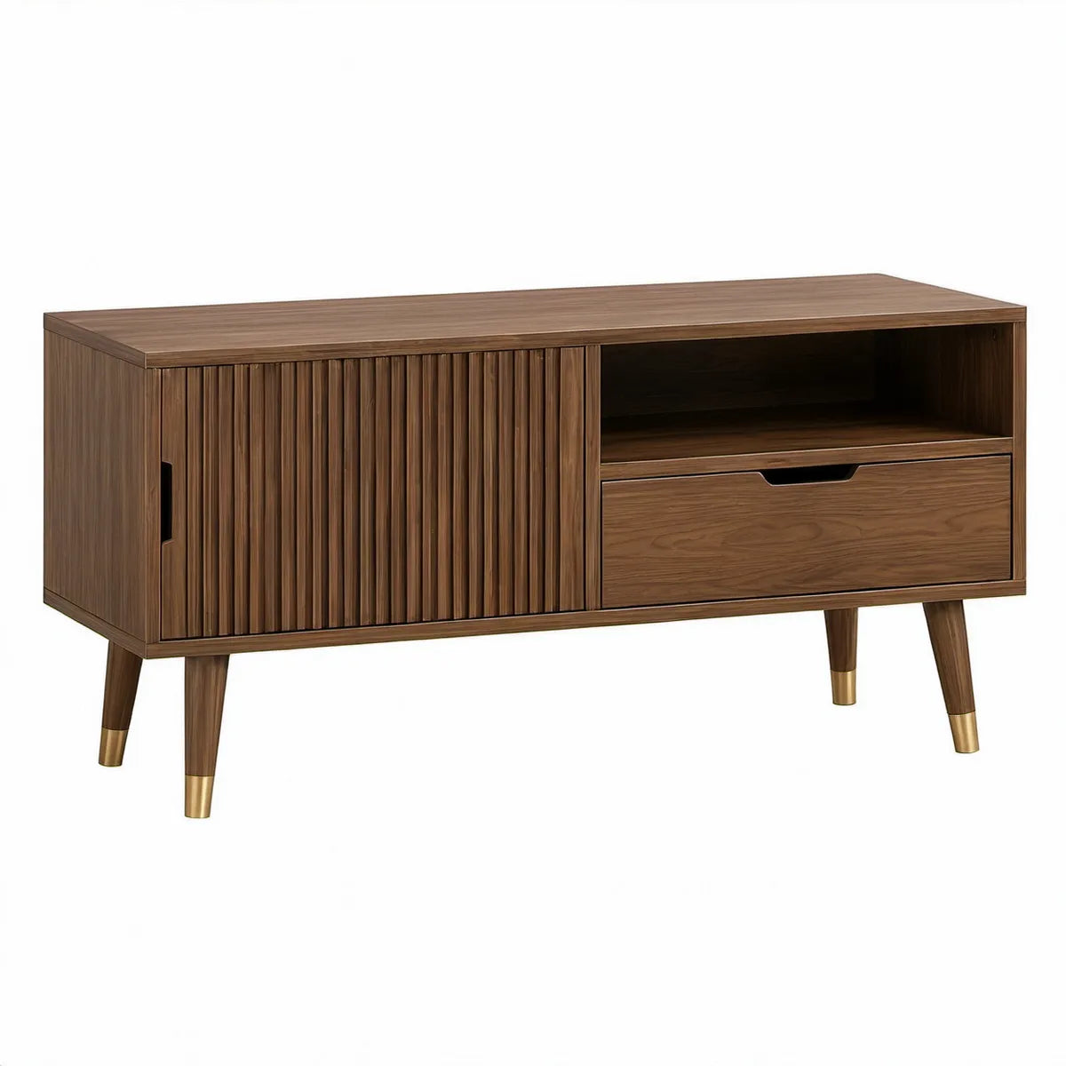 Szafka RTV 120 x 40 x 75 cm z fornirowanego MDF, orzechowa ze złotymi nóżkami