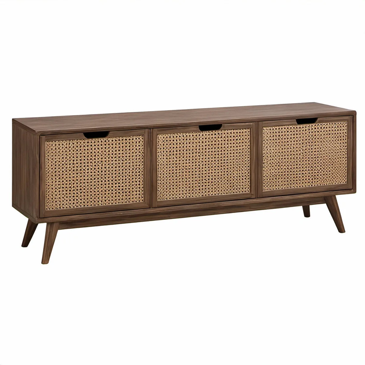 Szafka RTV 160 x 40 x 55 cm z 3 drzwiczkami, MDF i plecionką rattanową, Ciemny Orzech/Naturalny Rattan