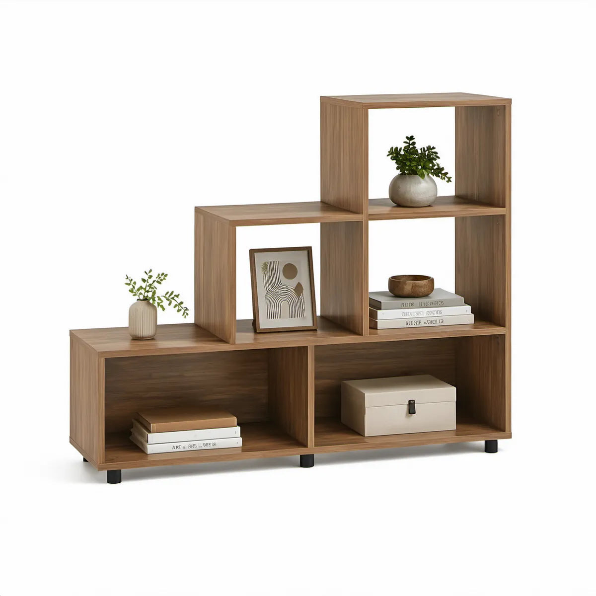 Schodkowa szafka RTV z 5 otwartymi wnękami, orzechowa/czarna, 120 × 30 × 120 cm