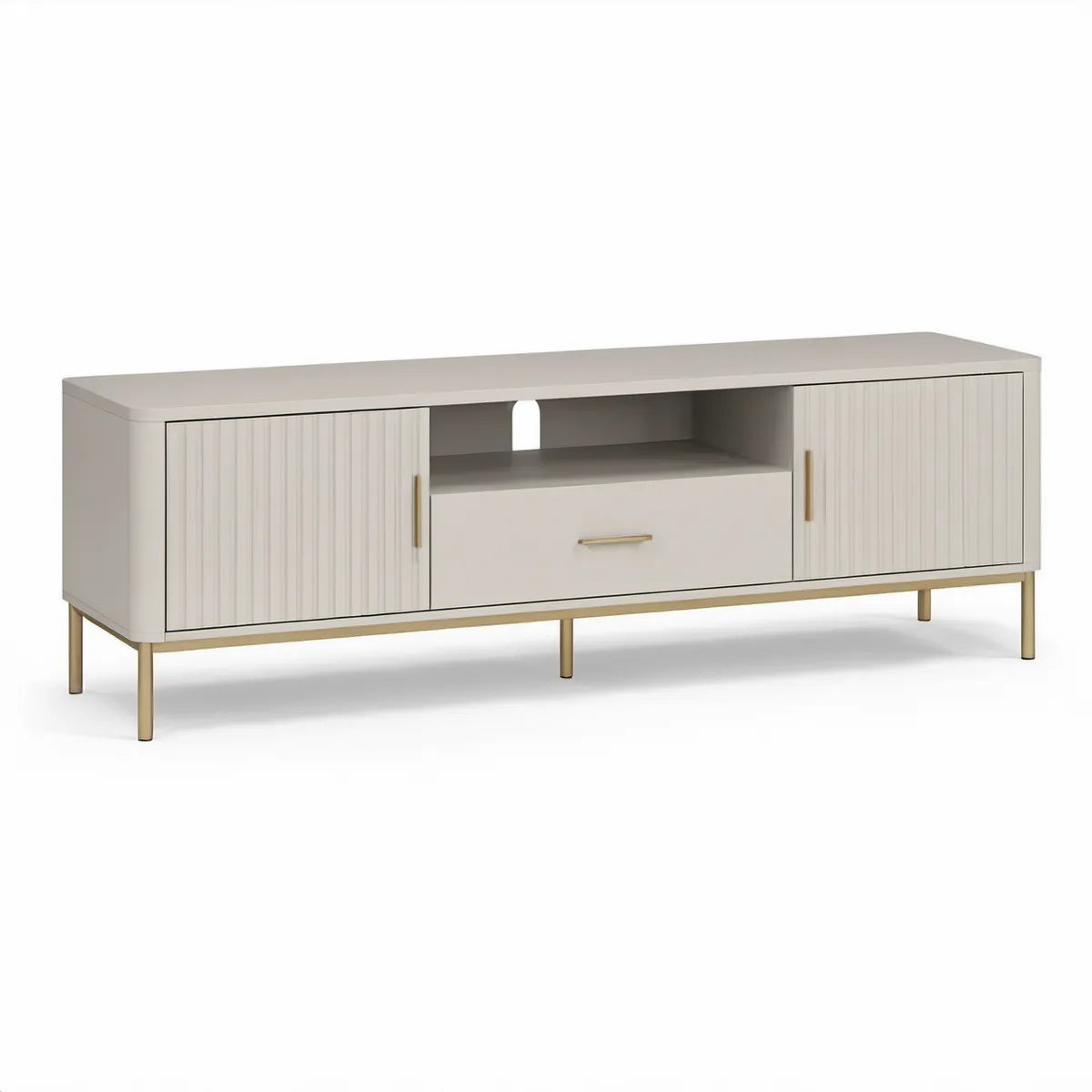 Biała szafka RTV MDF 160 × 40 × 55 cm ze złotymi nogami