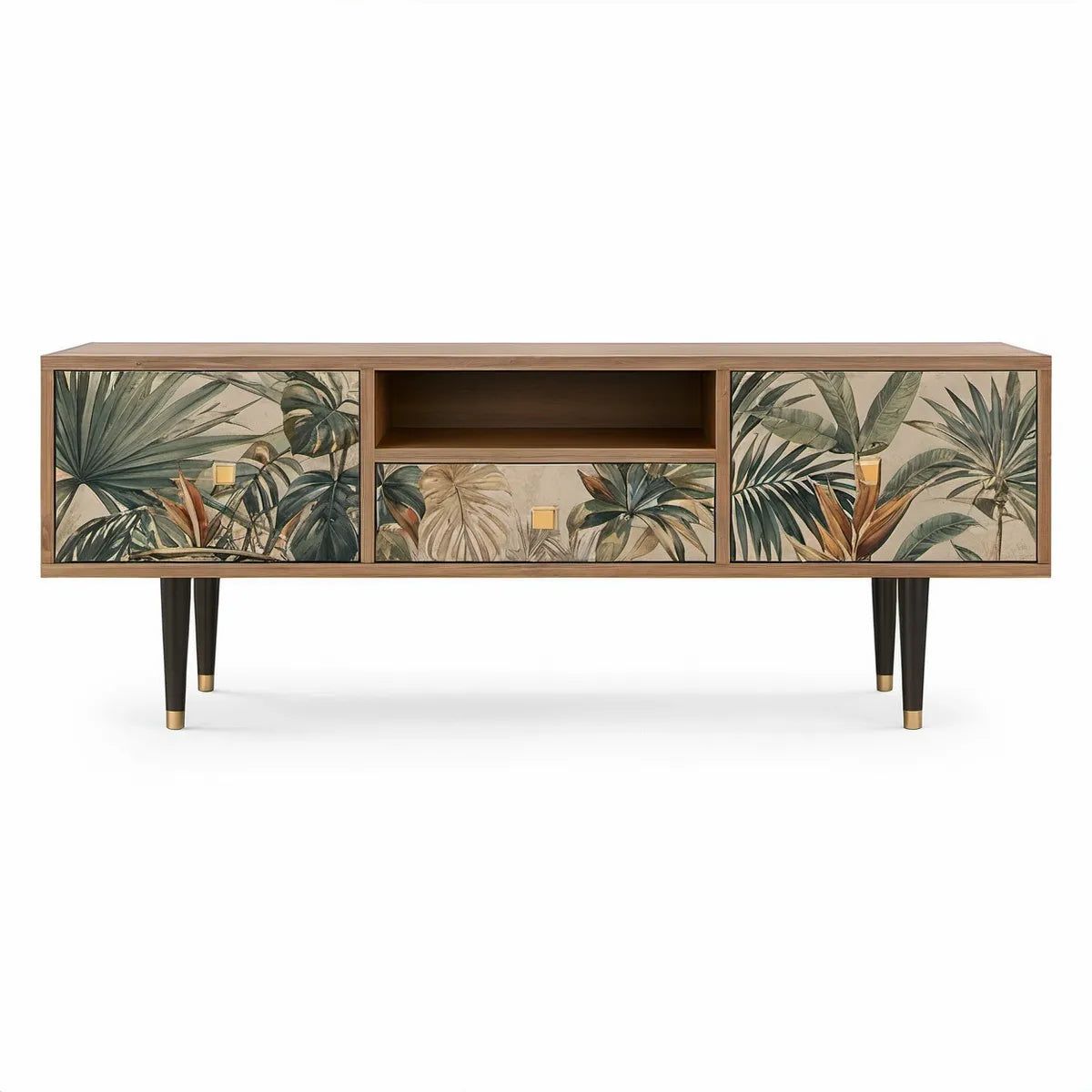 Szafka RTV z MDF 160 x 40 x 75 cm Brązowa z tropikalnym motywem liści