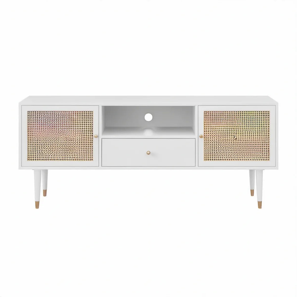 Biała szafka RTV z rattanowymi frontami, 120 x 40 x 60 cm