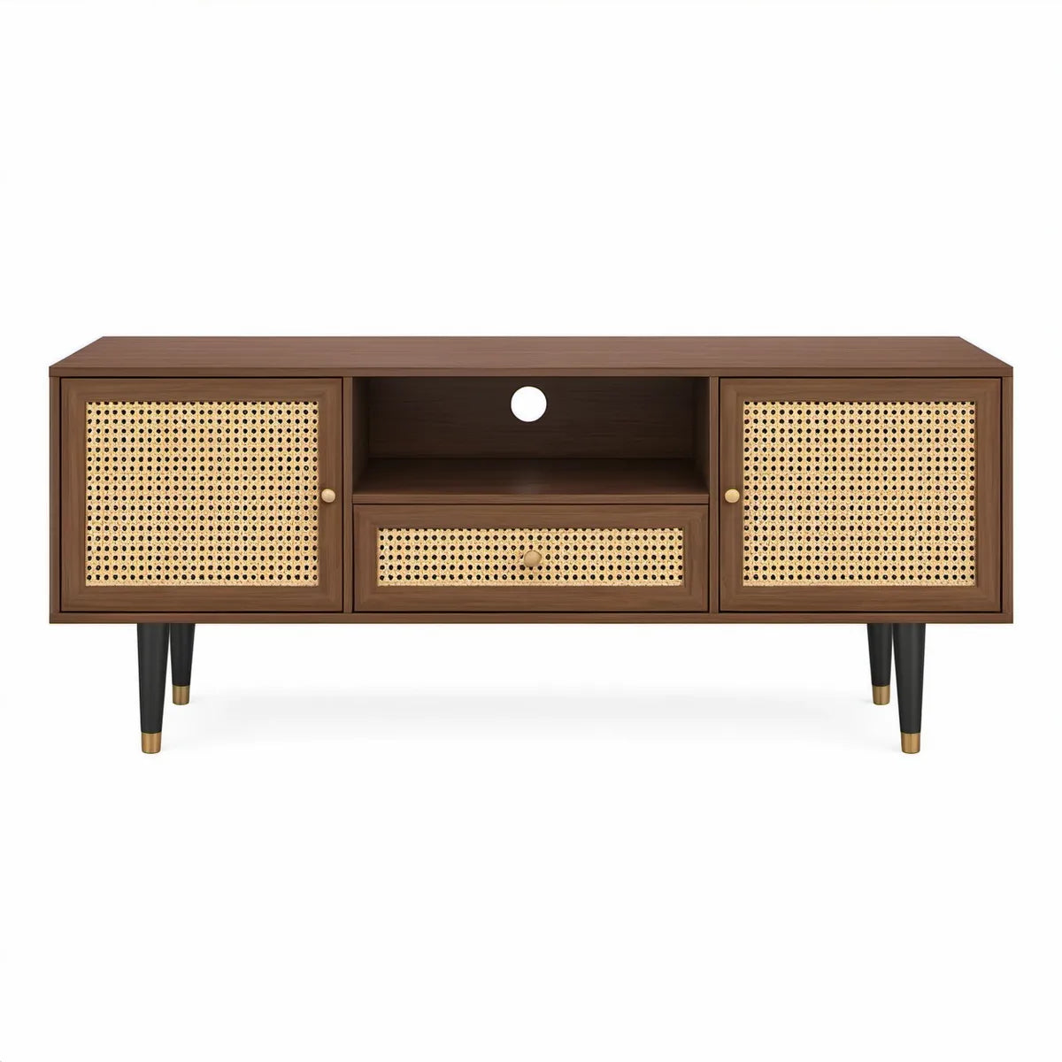 Szafka RTV 160 x 40 x 60 cm z MDF i naturalnym rattanem, ciemnobrązowa