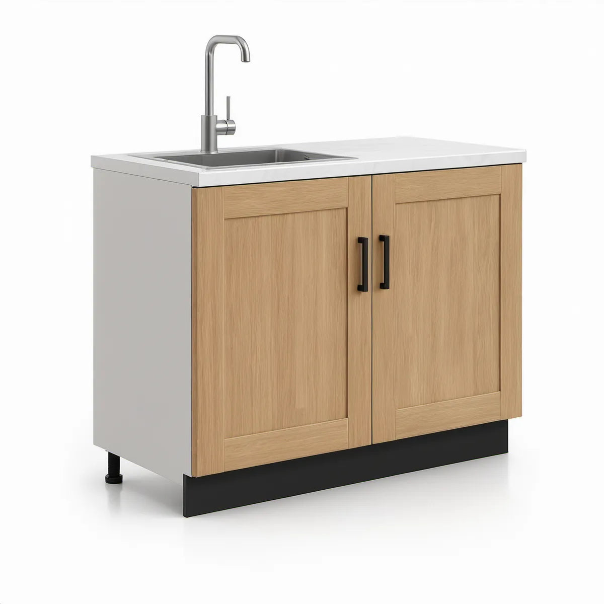 Szafka pod zlew 100 x 60 x 85 cm z białym blatem, zlewem i baterią, jasny dąb/biały