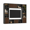 Zestaw mebli RTV do salonu z półkami LED i lamelowymi frontami MDF, czarno-orzechowy, 200 × 180 × 35 cm